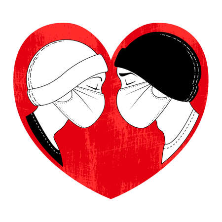 Red textured heart with black and white guy and girl in profile, in caps and medical protective masks from the covid-19 virusのイラスト素材