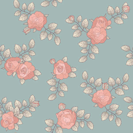 seamless ornament, floral pattern with pink roses on the turquoise backgroundの写真素材