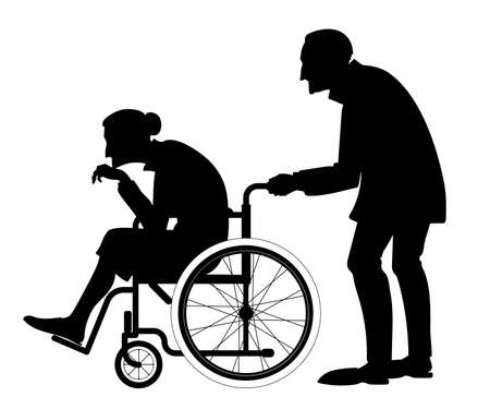 vector isolated black silhouette of a elderly couple with a wheelchairのイラスト素材