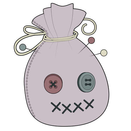 vector image of a voodoo bag head, scarecrow face, with button eyes, mouth stitches and stuck voodoo pinsのイラスト素材