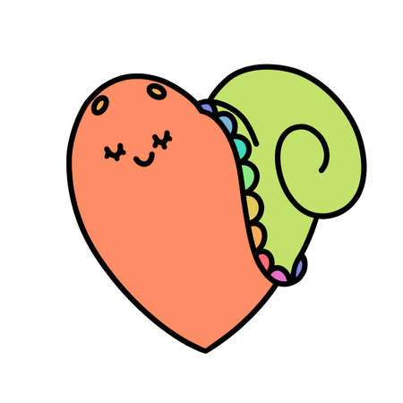 orange heart - snail with green shell in doodle styleの写真素材