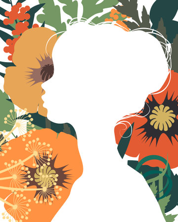 silhouette of a girls head on a background of flowersの写真素材