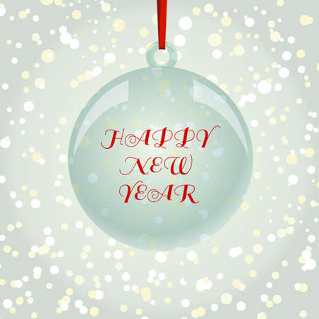 NewYear and Christmas decorative vector elements and background. Glass ball with red ribbon hanging on snowflakes background.のイラスト素材