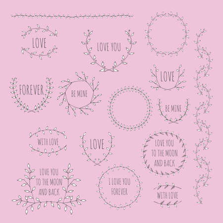 Hand-drawn branches graphic design elements set. Useful for wedding invitations, congratulations and greeting cards.のイラスト素材
