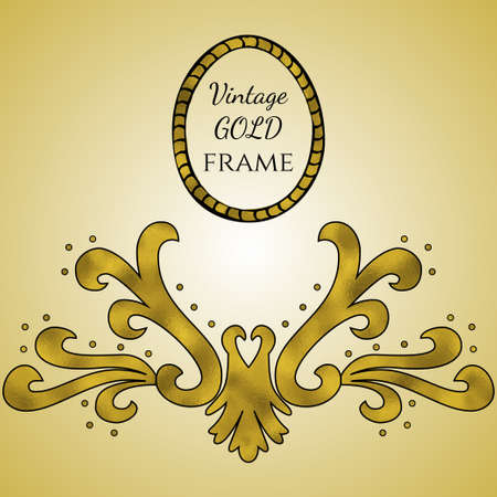 Vector vintage frame with ornament. Retro invitation, greeting card template made with gold textureのイラスト素材