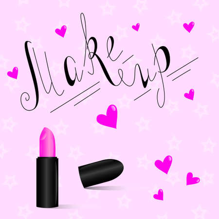 Hand drawn make up lettering made in vector. Hand written lettering with elements -  hearts and lipstick. Poster, card, design for beauty salon and t-shirts.のイラスト素材