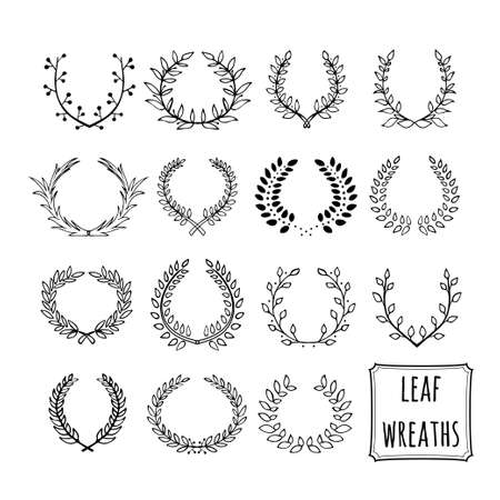 Hand drawn decorative floral set of 15 wreaths made in vector. Unique collection of black wreaths and branches.のイラスト素材