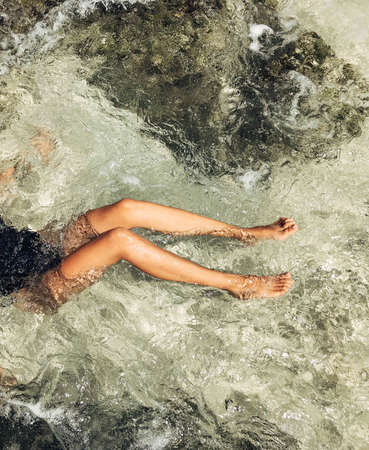 Beautiful girl on the beach sand, sea, koh samuiの写真素材