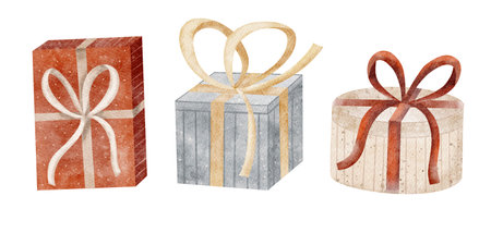 Gift boxes with ribbon. Watercolor illustration for christmas, new year, holiday, birthday for cards, posters, templates, iconsの写真素材