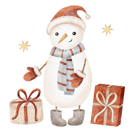 Watercolor New Year snowman, gifts. Christmas illustration, isolate cards, posters, invitations, congratulations, dishesの写真素材