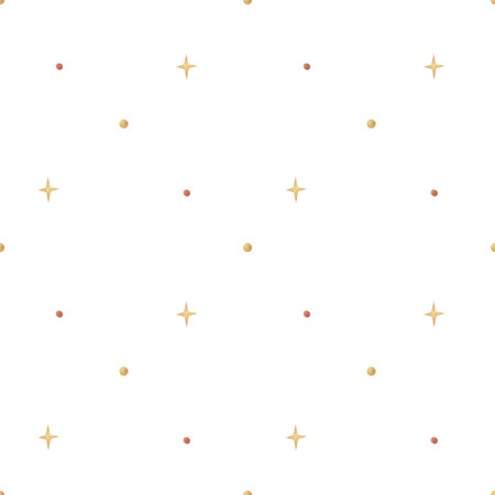 Watercolor geometric pattern of stars and dots. with Illustration of polka dots, confetti, circles in beige, red on white background. Abstract seamless print for textile, fabric, clothing, printingの写真素材
