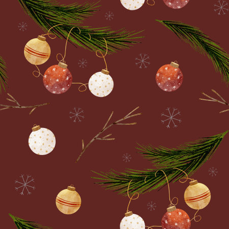 Watercolor seamless pattern fir tree branch with christmas balls. Christmas illustration on burgundy background. Seamless holiday print for textiles, fabrics, packaging, clothes, printing, cardsの写真素材