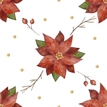 Watercolor pattern checkered poinsettia, branches, berries. Illustration of Christmas flower. New Year geometric seamless print for textiles, fabric, packaging, clothesの写真素材