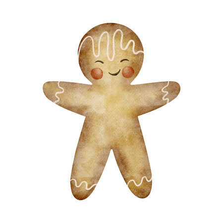 Watercolor Christmas gingerbread man. New Year cheerful illustration of gingerbread, cookies for design of cards, posters, tableware, clothes, holiday invitationsの写真素材