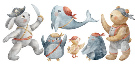 Watercolor set of pirate crew of bear, rabbit, whale, penguin, parrot. Animal illustration in cartoon style. Characters isolated on white design shower, bathroom, childrens products, poster postcardの写真素材