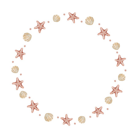 Watercolor wreath seashells, starfish. Simple illustration of elements in a circle for design template for text, spa party decoration, invitation cards, greeting posters, dishes, print,の写真素材