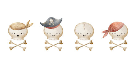 Skull, bones, skeleton watercolor childrens illustration isolated on white, hand drawn. Clipart for design of holiday, birthday, cards, posters, invitations, dishes, clothes, decorationの写真素材