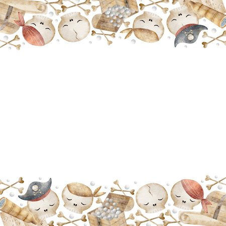 Watercolor frame skull pirates, bones, chest, bubbles. Hand drawn illustration isolated on white. Template for postcard design, holiday decoration, birthday, posters, invitations, nursery decorationの写真素材