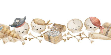 Skull pirates watercolor border. Seamless banner bones chest with bubbles, illustration isolated on white for shower design, bathroom, kids room, wallpaper, poster, card, clothes, invitationsの写真素材