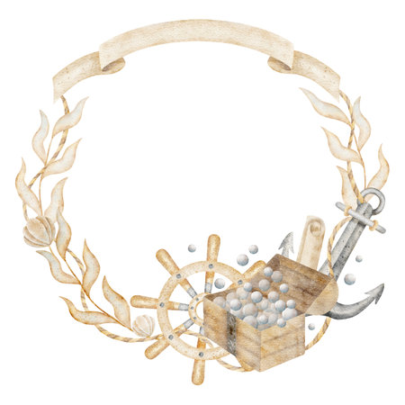 Wreath sea anchor, ship steering wheel, chest with bubbles. Watercolor illustration seaweed and text space for design template, invitation cards, greeting posters, print, holiday decorationの写真素材