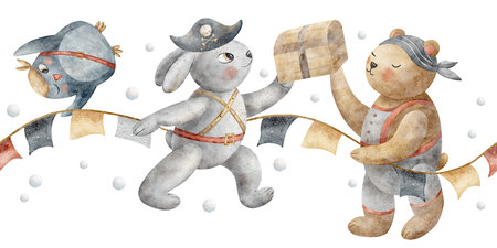 Watercolor border pirates, rabbit, bear, penguin, chest, garland. Seamless banner, illustration isolated for shower, bathroom, kids, wallpaper, poster, card, clothes, invitations designの写真素材