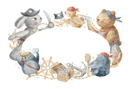 Watercolor frame pirates, rabbit, bear, penguins, parrot, chest, brush, soap. Hand drawn illustration. Oval template isolated white copy space, birthday invitation, baby shower, greeting card, posterの写真素材