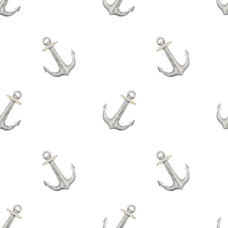 Watercolor pattern anchor symbol navigation. Illustration hand drawn in pastel gray colors. Seamless print on white background fabric, textile, packaging, clothes, wallpaper, nursery, bathroomの写真素材