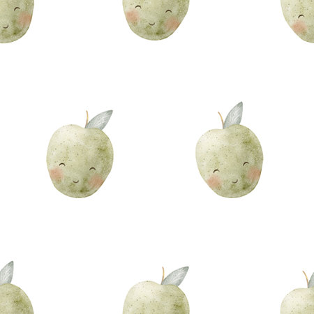 Watercolor pattern cheerful apple green, fruits cute eyes. Seamless summer print. Hand-drawn illustrations, stylized on white background for design of childrens textiles fabrics, packaging wallpapersの写真素材
