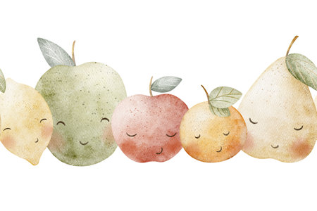 Watercolor seamless border fruits lemon, apples, pear, tangerine, orange. Isolated illustration for banner design, shower, bathroom, kids, nursery wallpaper, kitchen, card, invitation party decorationの写真素材