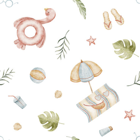 Pattern flamingo pink, beach accessories, tropical leaves monstera. Seamless watercolor summer print. Illustrations are hand-drawn design childrens textiles, fabrics, packaging, clothes, wallpapersの写真素材