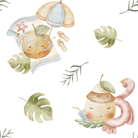 Watercolor pattern funny fruits tangerine, pear on beach, flamingo tropical leaves. Seamless childrens print. Illustrations hand-drawn cute eyes design of textiles, fabrics, packaging, clothes, cardsの写真素材