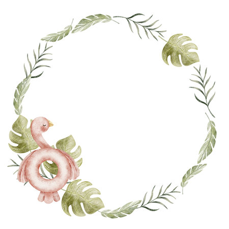 Watercolor wreath flamingo circle, monstera, palm leaves. Hand drawn summer illustrations for round design templates, invitation frames, cards, posters, greetings, packagingの写真素材