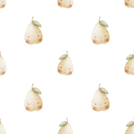 Watercolor pattern pear cheerful yellow, fruits cute eyes. Seamless summer print. Hand drawn illustrations, stylized on white background design childrens textiles fabrics packaging clothes wallpapersの写真素材