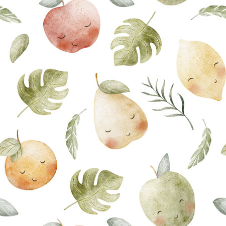 Pattern funny fruits, lemon, orange, apples, tangerine, pear in tropical leaves. Seamless watercolor summer print. Illustrations hand-drawn design textiles, fabrics, packaging clothes wallpapers cardsの写真素材