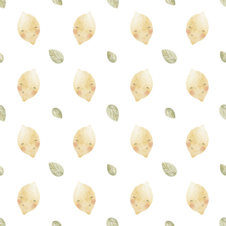 Seamless pattern lemon leaves, cute fruits with eyes. Watercolor pastel print foods. Characters hand-drawn illustrations on white background for design textiles, fabrics, packaging, clothes wallpapersの写真素材
