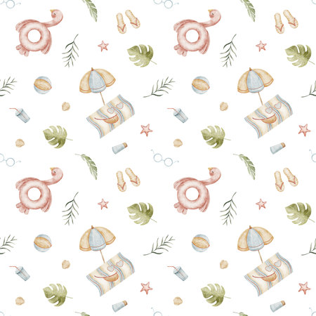 Pattern flamingo pink, beach accessories, tropical leaves monstera. Seamless watercolor summer print. Illustrations are hand-drawn design childrens textiles, fabrics, background, clothes, wallpapersの写真素材