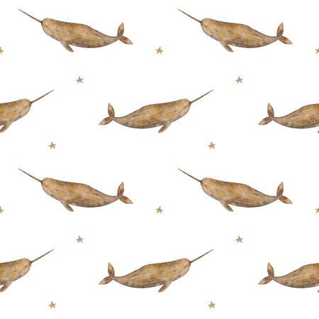 Seamless pattern narwhal whale beige in stars, splashes. Watercolor print of sea animal. Hand drawn illustrations on white background for design of childrens textiles, fabrics, packaging, clothesの写真素材