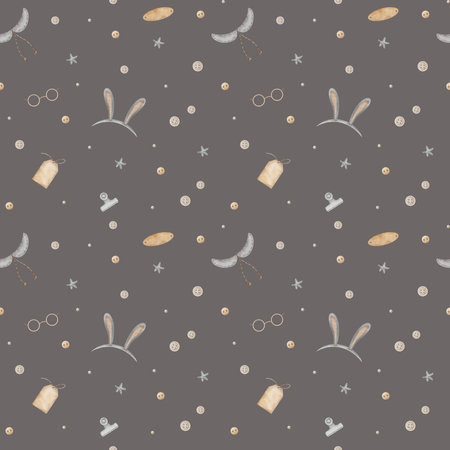 Watercolor sewing patterns, rabbit ears, buttons, tag, stars. Seamless prints of vintage clothes illustrations in retro style isolated on color gray background for textile design, fabric, hobby craftの写真素材
