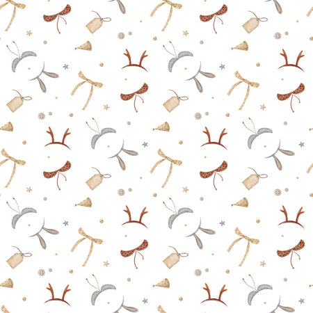 Seamless pattern costume, rabbit ears, deer horns, bow, party cap. Watercolor print in retro style. Illustration hand drawn isolated on background for design of childrens textiles, fabrics, packagingの写真素材