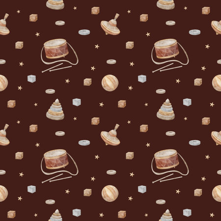 Seamless pattern vintage childrens toys, ball, drum, pyramid, cubes. Watercolor illustration on color, burgundy, red background in retro style for printing on childrens textiles, fabrics, packagingの写真素材