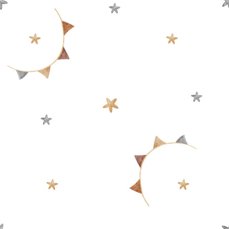Watercolor pattern of stars, garland of flags. Seamless print simple dynamic in retro style. Childrens illustration on an isolated background for design, fabric, clothes, textiles, packaging, cardsの写真素材