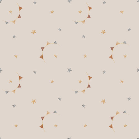 Pattern with watercolor illustrations of retro stars, garland of flags on a colored beige background. Seamless cartoon print for design, childrens fabric, clothes, textile printing, packaging, cardsの写真素材