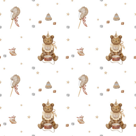 Seamless pattern teddy bear in vintage clothes plays drum, horse on stick beige pastel color. Watercolor illustration on isolated white background for textile design, fabric, packaging, nursery childの写真素材
