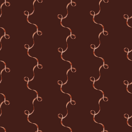 Pattern with watercolor illustrations retro red satin ribbons on a colored burgundy background. Seamless print silk braid in vintage style for design, fabric, clothes kids, textiles, packaging, cardsの写真素材
