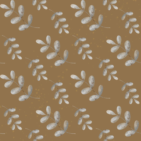 Watercolor pattern vintage branches with gray leaves. Seamless summer print. Hand drawn illustrations isolated beige, ocher background for design textiles fabrics packaging clothes wallpapers cardsの写真素材