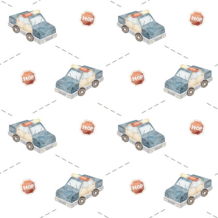 Pattern police car with eyes, road signs, stop symbol. Watercolor illustration, print childrens on isolated background for textile design fabric, packaging, printing, wallpaper, baby clothes, holidayの写真素材