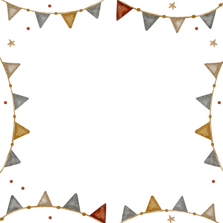 Frame watercolor illustration vintage garland of triangular flags, stars, dots in retro color for design of childrens invitations, cards, posters, templates, congratulations, holiday, babys birthdayの写真素材