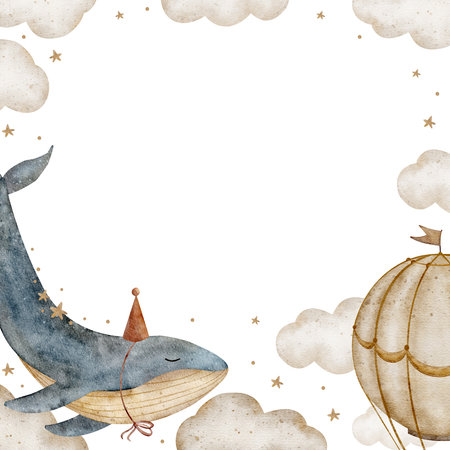Watercolor frame blue whale in a party cap, hot air balloon flies in beige clouds. Illustration in vintage style. Template square for invitation to a childrens party, babys birthday, postcard posterの写真素材