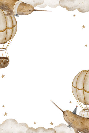 Frame watercolor whale narwhal in beige clouds, balloons, dream flight in sky. Hand-drawn illustration in vintage style. Template for design of childrens cards, posters, holiday, birthday, packagingの写真素材