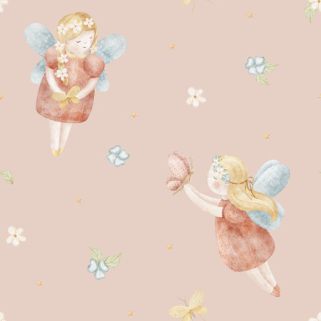 Watercolor pattern of fairy girl, butterflies fly in flowers. Illustration hand drawn in cartoon style. Seamless print children on pink background for fabric, baby clothes, textiles, packagingの写真素材